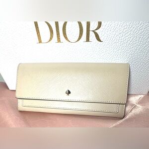KATE SPADE Long Taupe Leather Continental Wallet W/ Snap Closure & Pink Interior